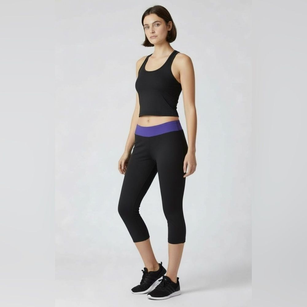Adidas - Capri Athletic Legging Yoga Black Purple Waistband - sz Medium